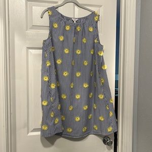 ⭐️Loft a-line summer dress blue & white stripes with yellow daisies Size L